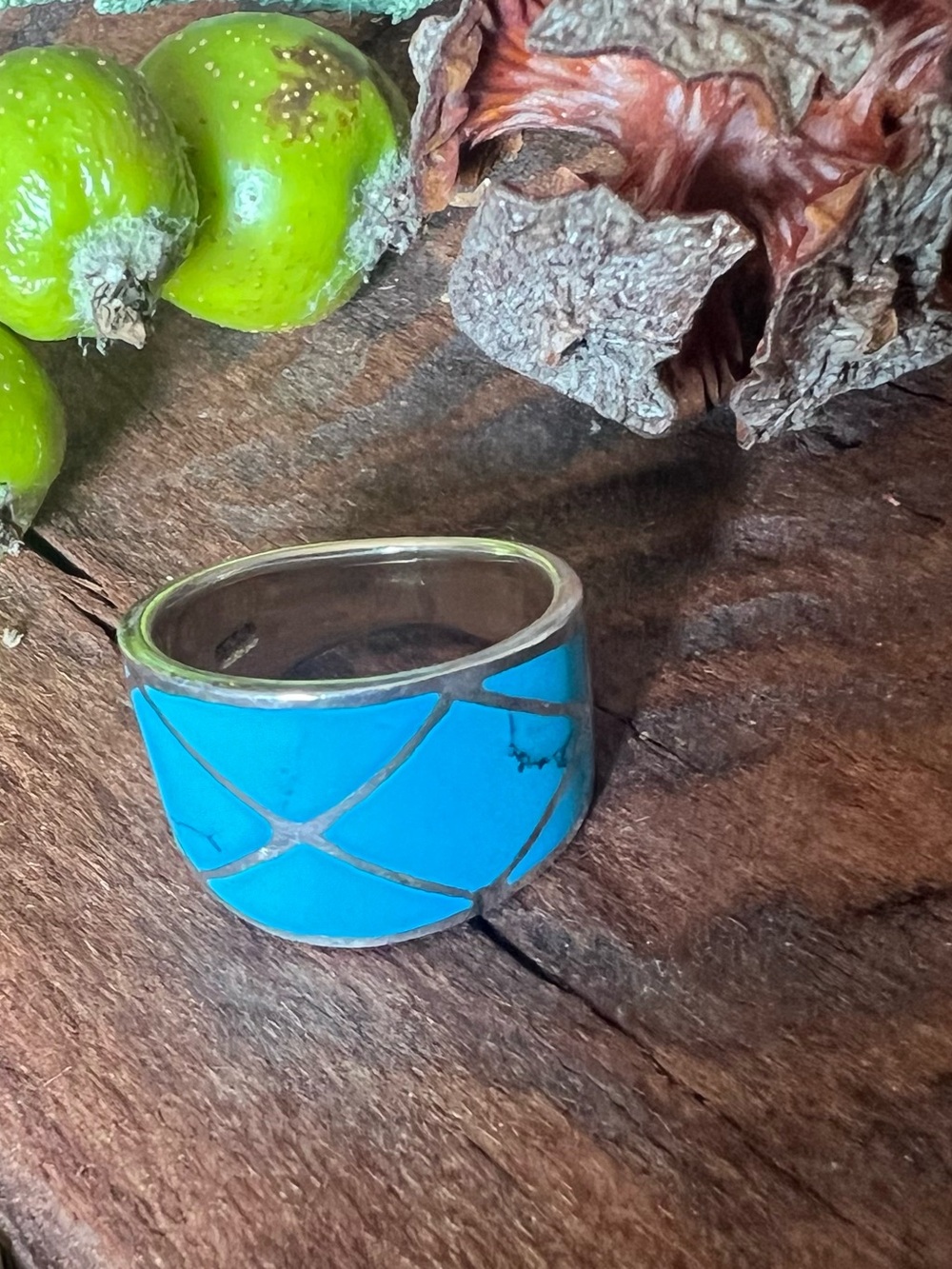 Native American Navajo Style Ring Turquoise Inlay Thick Band 5.5 Western Boho